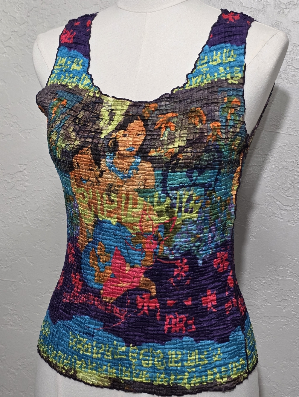 Vintage 90s Popcorn Top Gauguin Art Print Crinkle Stretch Tank Y2K Rare M - Picture 9 of 13